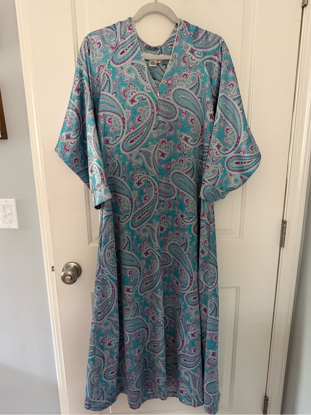 Oscar de la Renta Turquoise Paisley Maxi Dress, Khaftan Robe with bell sleeves